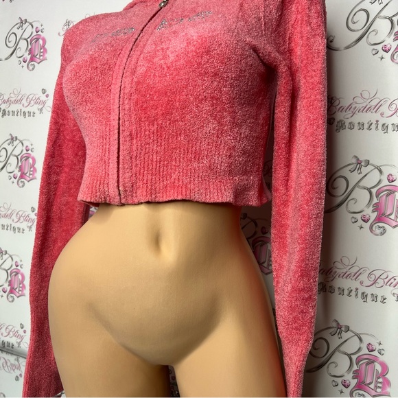 Bebe furry sweater fuzzy cropped pink coral bling rhinestone logo zip up y2k - Picture 6 of 16